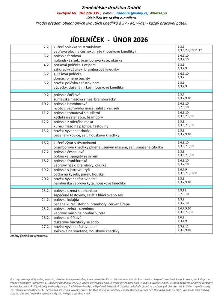 Jídelníček únor 2026