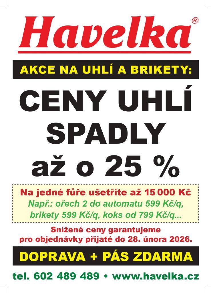 U firmy Havelka – uhelné sklady právě spadly ceny uhlí až o 25 %. Na jedné fůře můžete ušetřit až 15 tisíc korun.