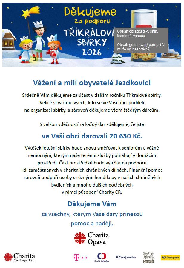 Vám všem, kteří jste se do letošní sbírky zapojili, patří poděkování. Všem organizátorům, koledníkům a také dárcům z naší obce.