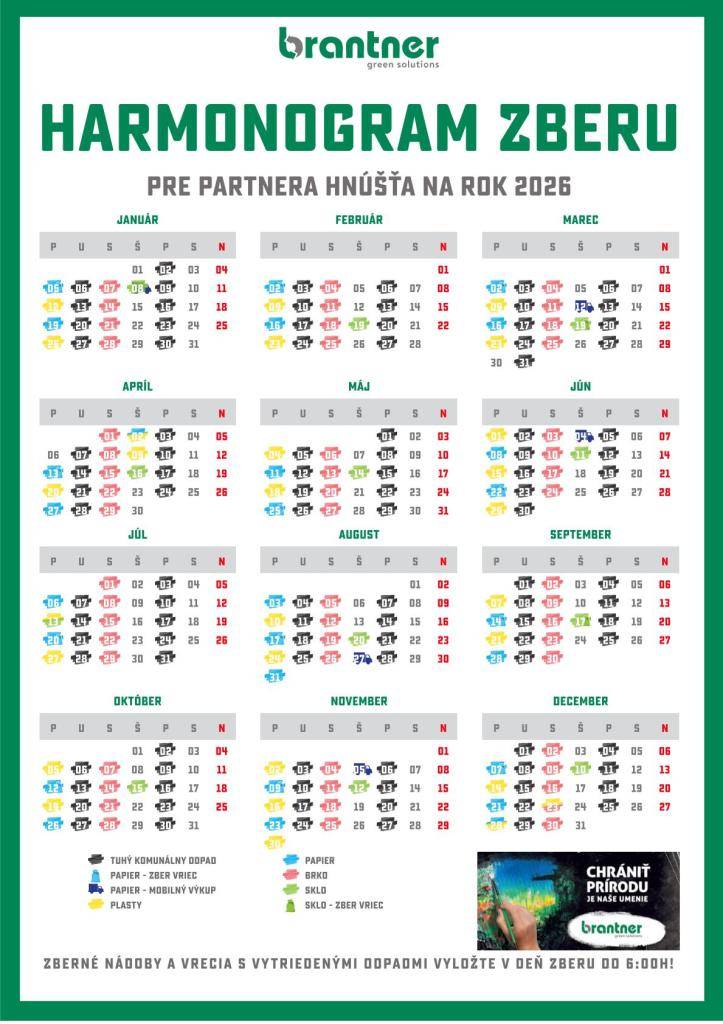 Hnúšťa, 27.1.2026 - Mesto informuje verejnosť, že harmonogram zberu komunálneho odpadu a triedených zložiek odpadu na rok 2026 je už zverejnený.