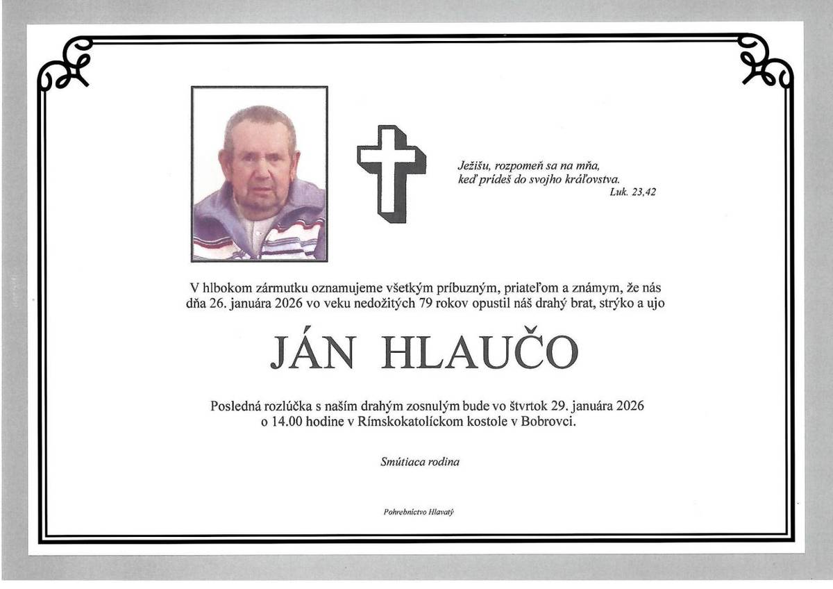 Smútočné oznámenie Ján Hlaučo