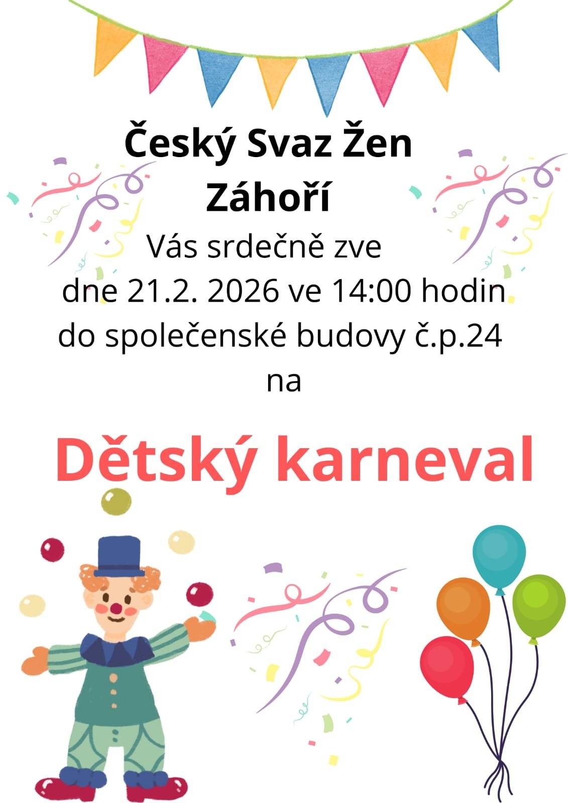 Obec Záhoří zve doňovské děti na karneval....
