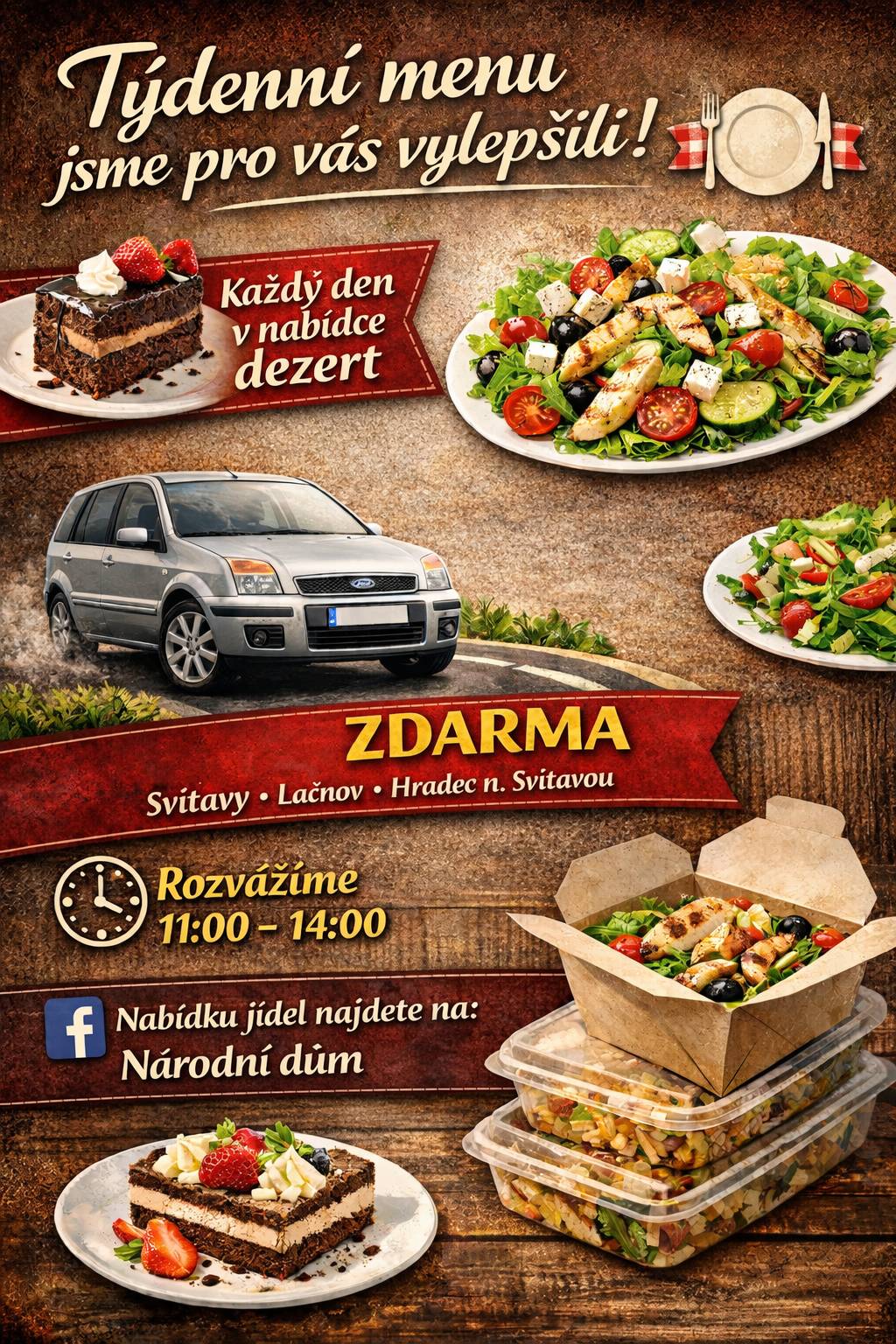 Vážení občané, v naší obci nově nabízí restaurace Národní dům možnost rozvozu obědů po Hradci nad Svitavou zdarma. Každý týden je k dispozici týdenní nabídka jídel, ze které si můžete objednat a nechat oběd doručit až domů.  V příloze naleznete aktuální jídelní lístek a informace k objednávkám.