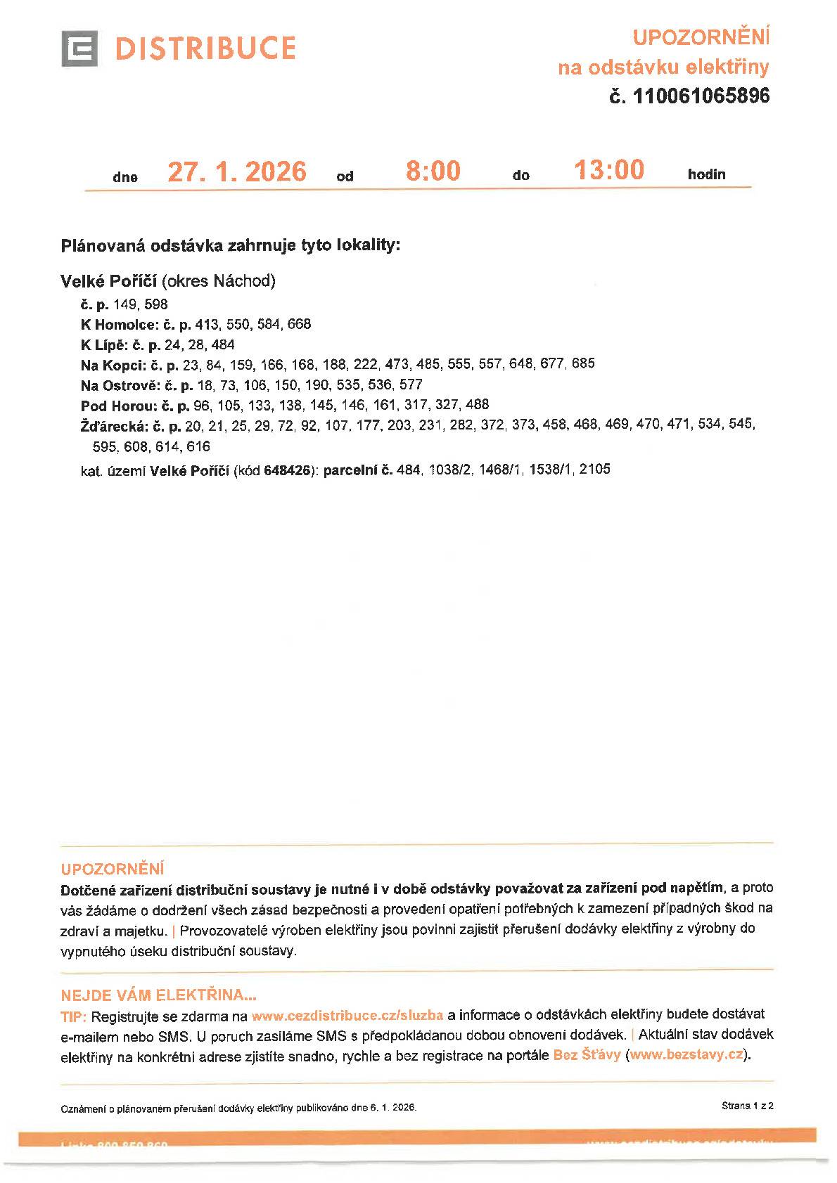 Plánovaná odstávka elektřiny.