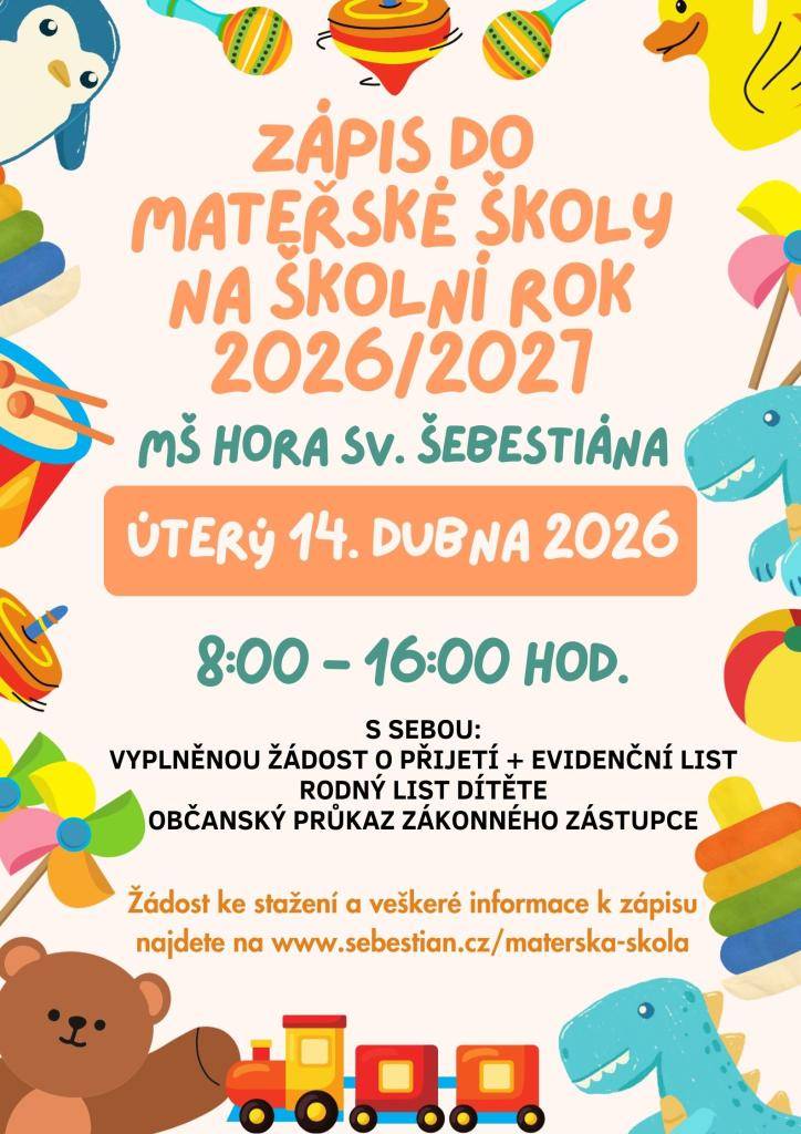 Dne 14. 4. od 8:00 h. bude probíhat v MŠ zápis k předškolnímu vzdělávání na r. 2026-2027.  Na všechny se moc těšíme.