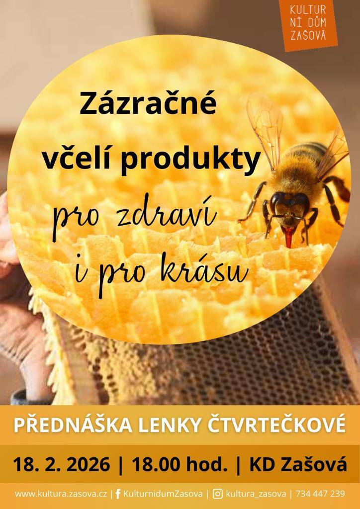 Pozvánka do Zašové na besedu se zapálenou včelařkou Lenkou Čtvrtečkovou, která s námi bude s radostí sdílet své praxí nabyté poznatky o všemožných včelích produktech a jejich využití v apiterapii. Vše si můžete poslechnout ve středu 18. února od 18 hodin v Kulturním domě Zašová