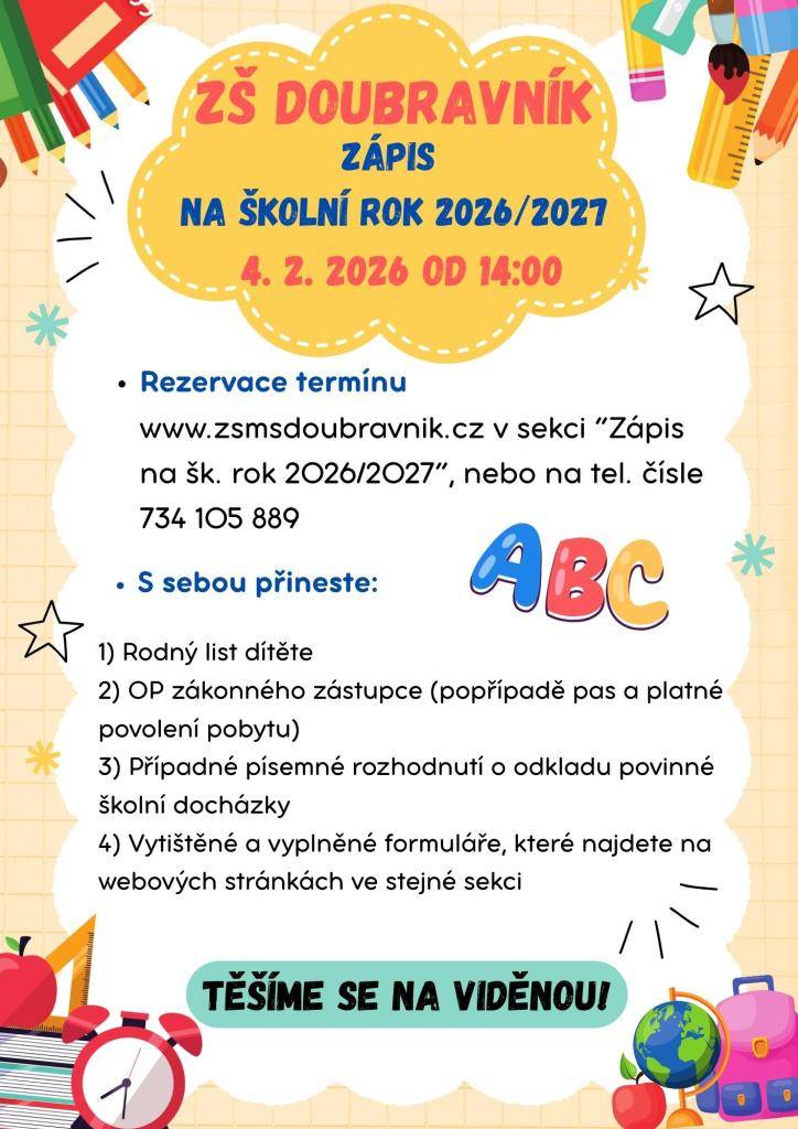 Zápis do ZŠ na školní rok 2026/2027 se uskuteční ve středu 4. 2. 2026 v budově ZŠ.