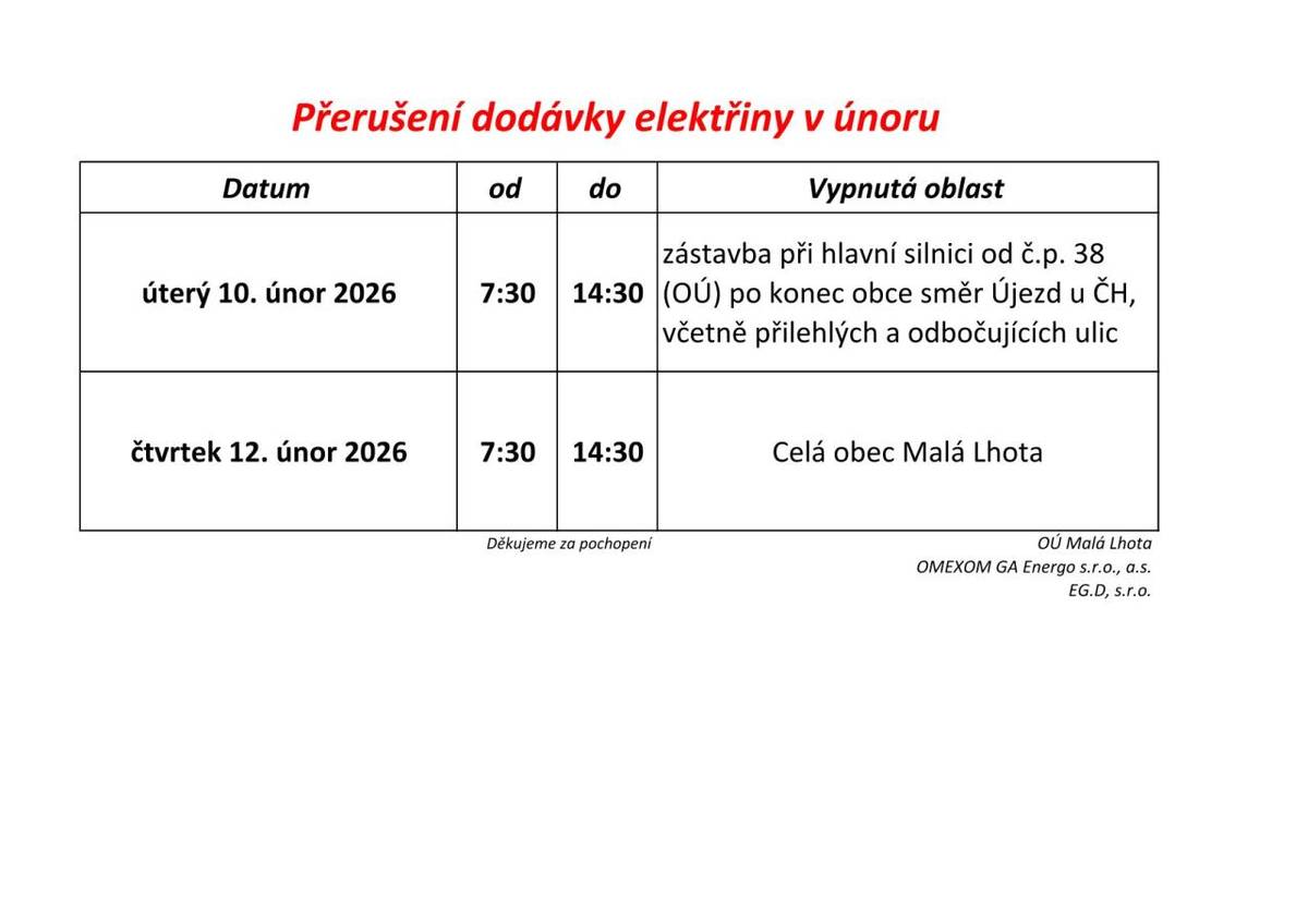 Přerušení dodávky elektřiny 10. a 12. února  Podrobnosti v přiložených oznámeních eg.d