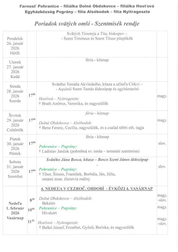 Farské oznamy - Plébániai hirdetések