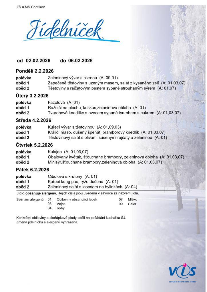 Jídelní lístek ZŠ a MŠ Chotíkov na týden 02. 02. 2026 - 06. 02. 2026.