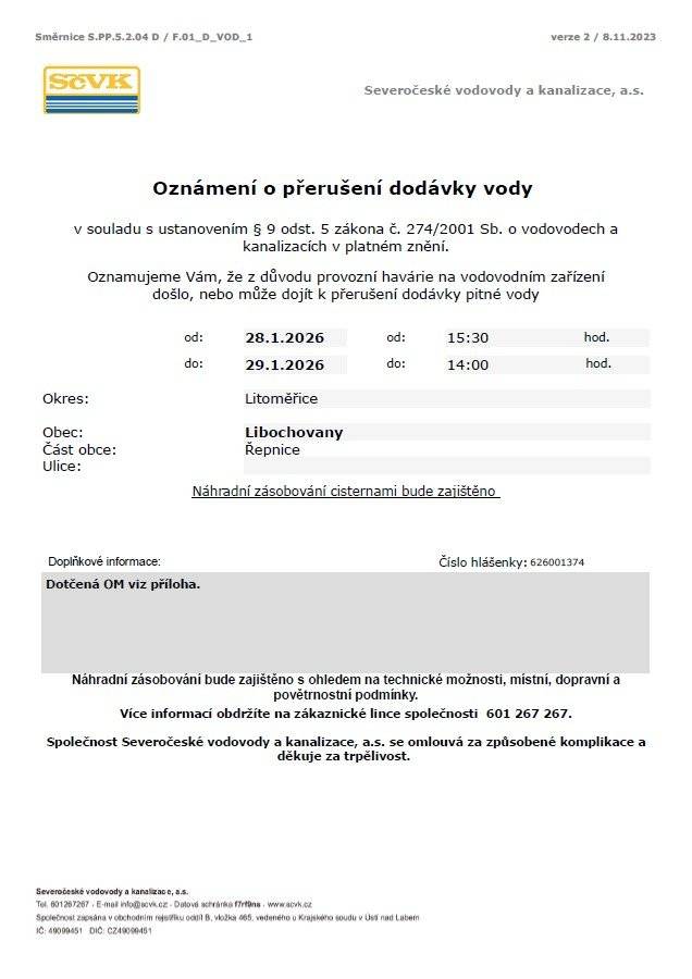 Oznamujeme, že z důvodu provozní havárie na vodovodním zařízení došlo, nebo může dojít k přerušení dodávky pitné vody v části obce Řepnice. od 28.01.2026 / 15:30 hod., do 29.01.2026 / 14:00 hod.