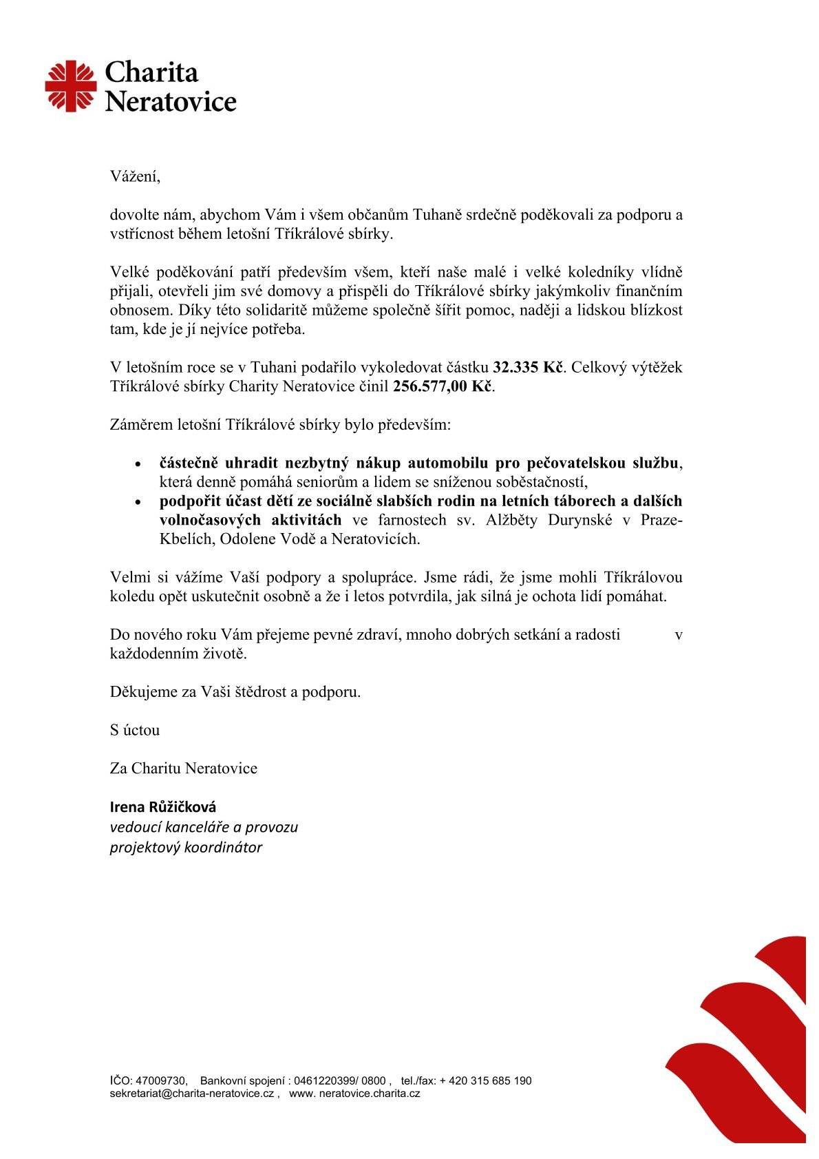 Poděkování za spolupráci při Tříkrálové sbírce