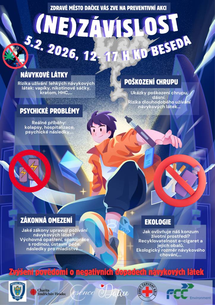 Zdravé město Dačice zve nejen rodiče na preventivní akci (NE) Závislost, která proběhne 5. února 2026 od 12:00 do 17:00 v KD Beseda.