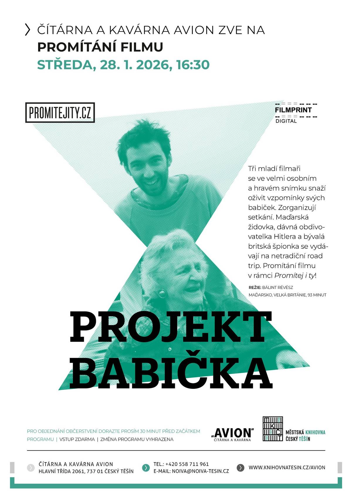 Tři mladí filmaři se ve velmi osobním a hravém snímku snaží oživit vzpomínky svých babiček. Zorganizují setkání. Maďarská židovka, dávná obdivovatelka Hitlera a bývalá britská špionka se vydávají na netradiční road trip.  Jak rodinná historie ovlivňuje náš přístup k druhým i k sobě samým? K vážnému tématu druhé světové války přistupují tři mladí filmaři z Velké Británie, Německa a Maďarska s příjemnou lehkostí. Každý z nich si dává za úkol vyzpovídat svoji vlastní babičku. Díky ochotě těchto dam přistoupit na hru svých vnuků se obnažují ryze osobní příběhy žen, které — každá na jiné straně fronty — zažily druhou světovou válku. Mladíci se prostřednictvím příběhů svých babiček dozvídají o historii svých rodin, ale i to podstatné o sobě samých. Akci pořádá Městská knihovna Český Těšín v rámci platformy Promítej i ty! Vstup zdarma.