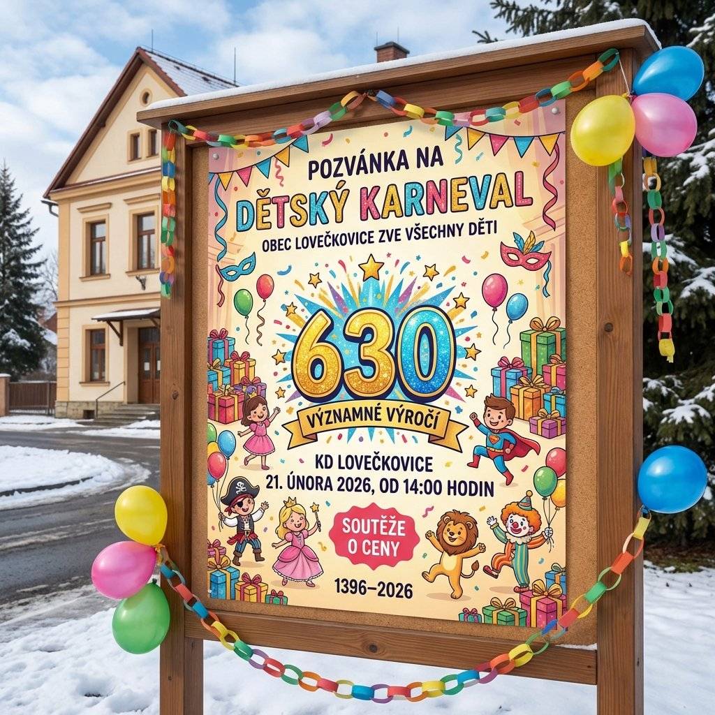 Obec Lovečkovice zve všechny děti na Dětský karneval do KD Lovečkovice 21. února 2026 od 14:00. Děti v maskách dostanou dobroty a budou soutěžit nejen o nejkrásnější masku.