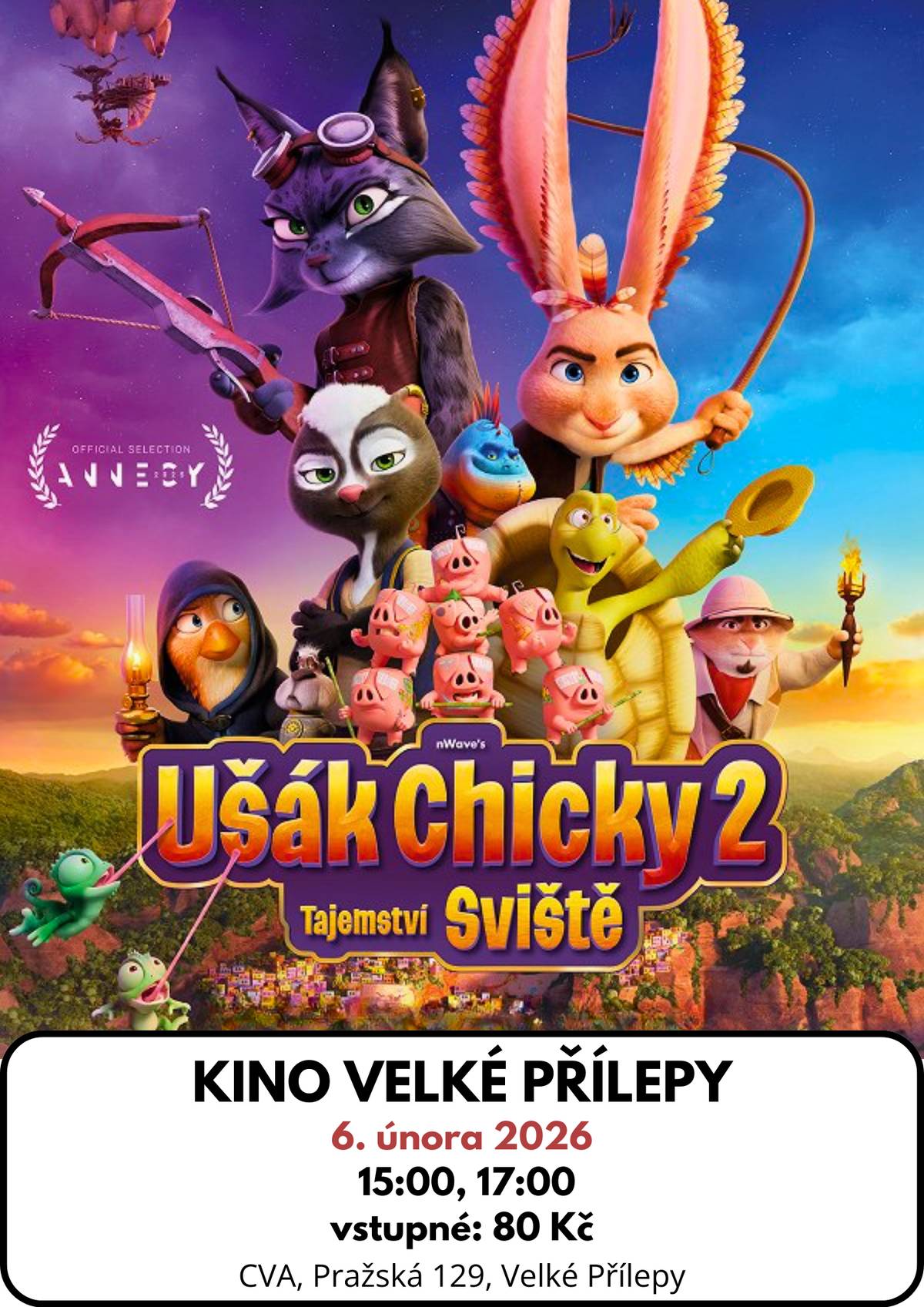 Zveme Vás v pátek 6. února do CVA na filmy:   Ušák Chicky 2 a tajemství Sviště   Ušák Chicky je zpátky – větší, vtipnější a připravený na další odvážné dobrodružství! Se spolu se svými kamarády se Ušák Chicky vydá na výpravu za nalezením tajemného Sviště. Na jeho cestě nebude nouze o zapeklité překážky, řešení zdánlivě neřešitelných situací a samozřejmě ani o oblíbená hranatá prasátka! Čas: 15:00 a 17:00 Místo: CVA Vstupné: 80 Kč Žánr: Animovaný / Dobrodružný / Komedie / Rodinný Země původu: Belgie / Francie / USA Rok výroby: 2025 Stopáž: 88 min Další informace o filmu včetně ukázky   Norimberk   Film Norimberk (v originále Nuremberg, 2025) je historické psychologické drama, které se zaměřuje na události po druhé světové válce během slavného norimberského procesu s nacistickými válečnými zločinci.   Čas: 19:00 Místo: CVA Vstupné: 120 Kč Žánr: Drama / Historický / Thriller Země původu: USA Rok výroby: 2025 Stopáž: 148 min Režie: James Vanderbilt Předloha: Jack El-Hai (kniha) Scénář: James Vanderbilt Hrají: Russell Crowe, Rami Malek, Michael Shannon, Leo Woodall, Richard E. Grant, John Slattery, Mark O'Brien, Colin Hanks.. Další informace o filmu včetně ukázky  Rezervace vstupenek  ____________________________________________________ Další akce v obci  Velkopřílepský masopust 7. 2. 2026, 11:00 (sraz masek v 10:00), Dvůr Domu U Korychů   Ples – Klub rybářů Velké Přílepy 7. 2. 2026, 20:00, Sál Domu U Korychů   Pohádka – Hrátky s odpadky 8. 2 .2026, 16:00, CVA   Divadlo Opravna duší 12. 2 .2026, 19:00, CVA   Hříšní lidé království českého – beseda s V. Vondruškou 19. 2 .2026, 18:00, Galerie U Korychů   Kalendář akcí