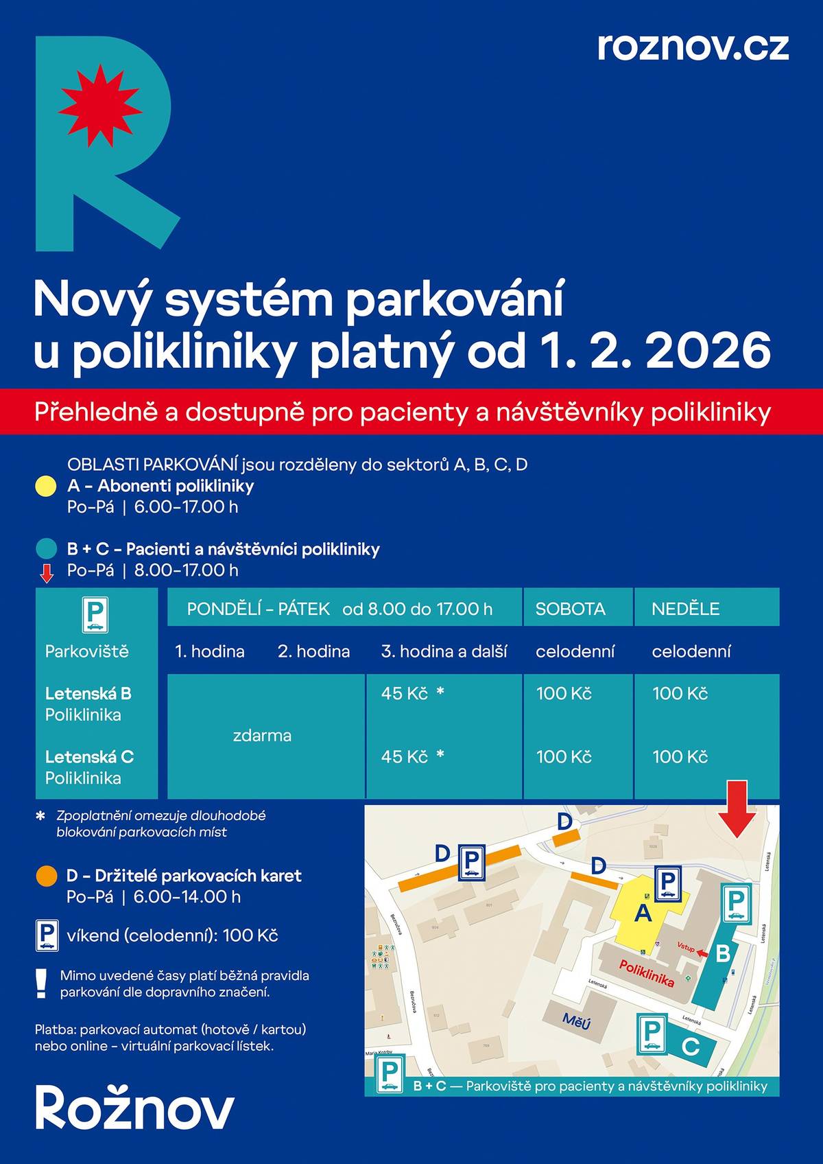 📌Od 1. února 2026 město zavádí nový systém parkování, který zlepšuje dostupná parkovací místa pro pacienty a návštěvníky polikliniky. 🚗Parkoviště není určeno pro vozidla, která zde stojí celý den – například zaměstnance firem/institucí v blízkosti polikliniky či jiné řidiče. 🅿️Zóny B a C – pro pacienty a návštěvníky polikliniky • První 2 hodiny zdarma • Od 3. hodiny 45 Kč/hod • Parkování o víkendech – 100,- Kč/celodenní parkování (pro návštěvníky kulturně-společenských akcích) Zóna A – vyhrazena abonentům (lékaři a nájemci) v zadní části parkoviště (za poliklinikou).   👷♀️Zároveň město připravuje rekonstrukci prostoru před poliklinikou a ulice Letenská, která pomůže vytvořit bezpečnější a přehlednější prostředí, zlepší průjezdnost a přinese více parkovacích míst. ✅Cílem je funkční, přehledné a bezpečné prostředí pro všechny, včetně seniorů, osob se sníženou mobilitou nebo děti, které zde denně prochází.
