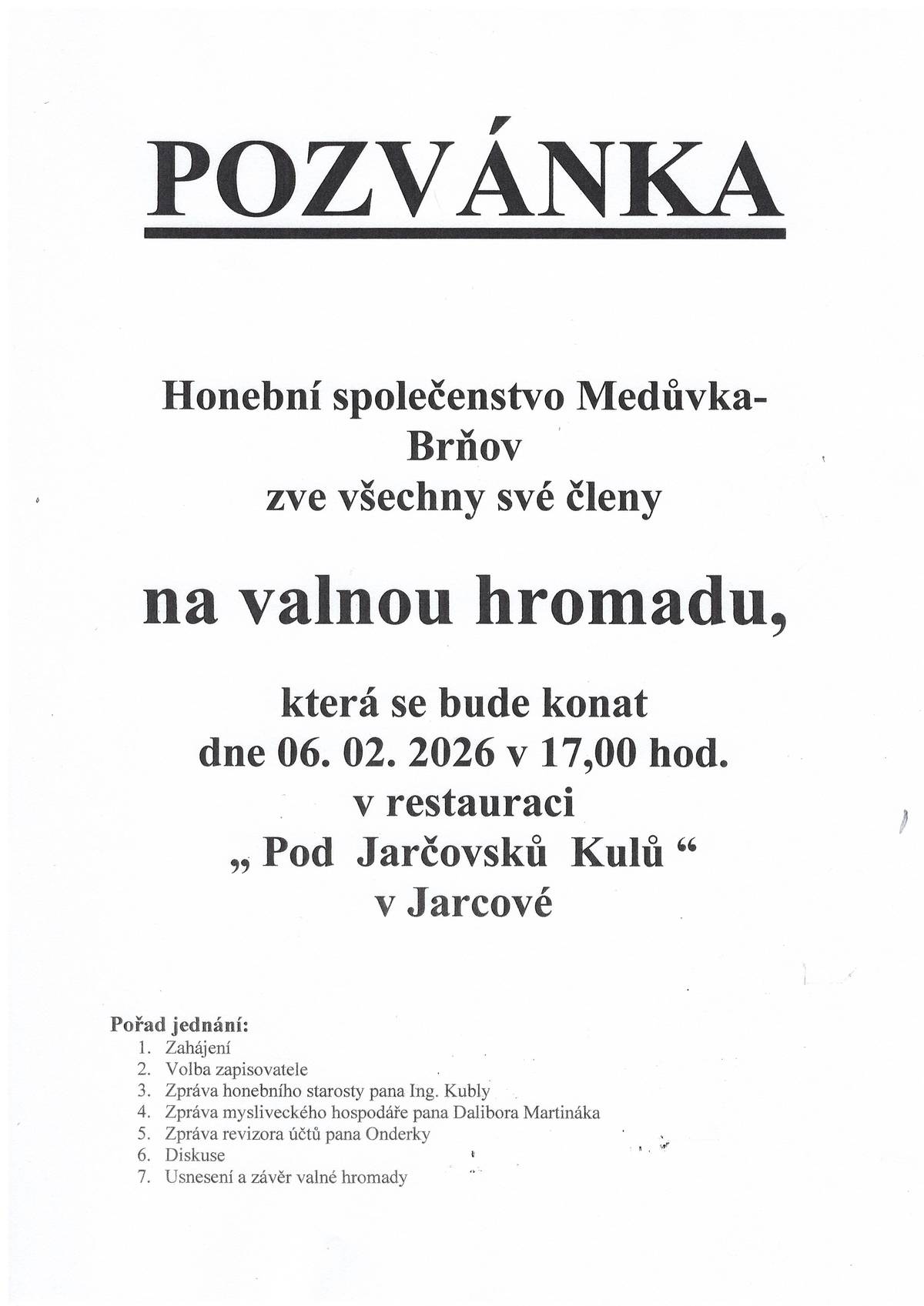 Pozvánka na Honební společenstvo Medůvka - Brňov