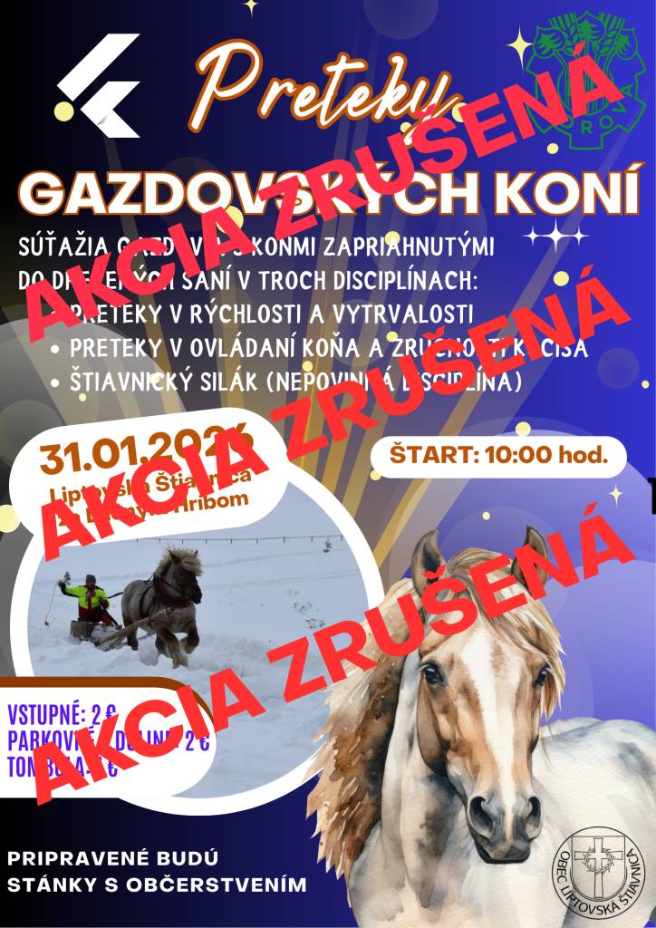 Všetkým záujemcom o preteky, poskytovateľom služieb, občanom a návštevníkom oznamujeme, že akciu dňa 31.01.2026 RUŠÍME z dôvodu nepriaznivého počasia a nepriaznivých podmienok v doline pre uskutočnenie našej akcie.