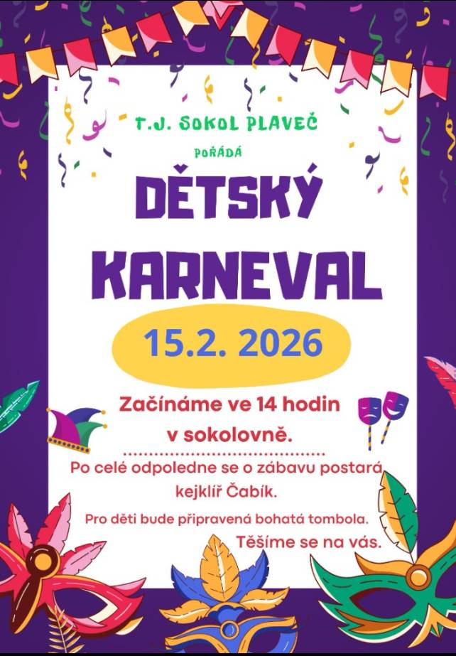 TJ Sokol Plaveč pořádá dětský karneval 15.2.2026 v sokolovně