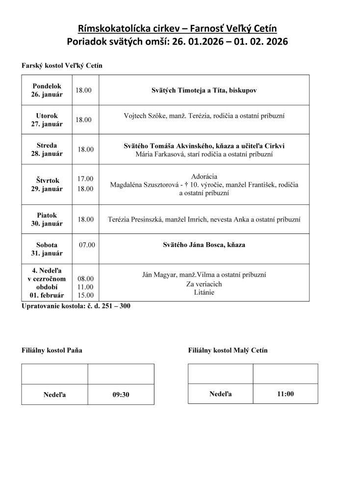 Poriadok svätých omší: 26.1.2026 - 1. 2. 2026