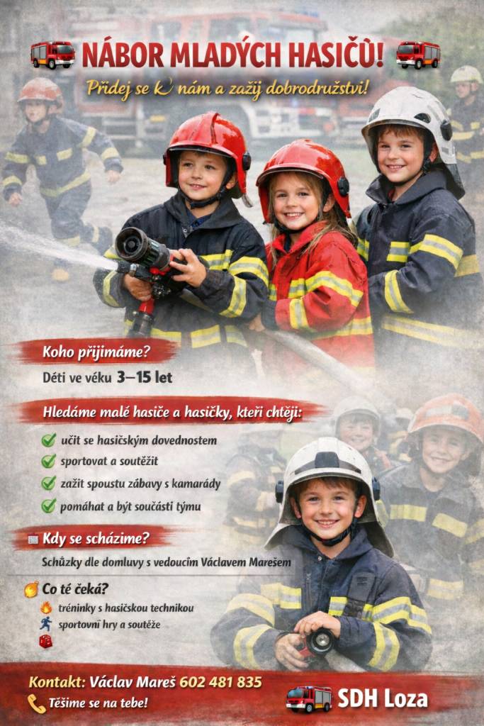 Hasičský sbor přijímá nové členy ve věku 3 až 15 let. Hledáme mladé hasiče a hasičky, kteří mají zájem o hasičské dovednosti, sportovní soutěže a zábavu s kamarády. Členové se mohou těšit na tréninky s hasičskou technikou, sportovní hry a další akce !