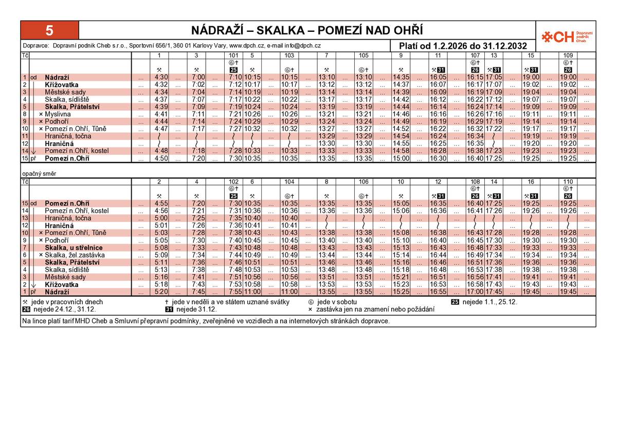 Od 1. 2. 2026 zajíždí autobusová linka č. 5 na Dolní Hraničnou. Nový jízdní řád platný od 1. 2. 2026 zde: