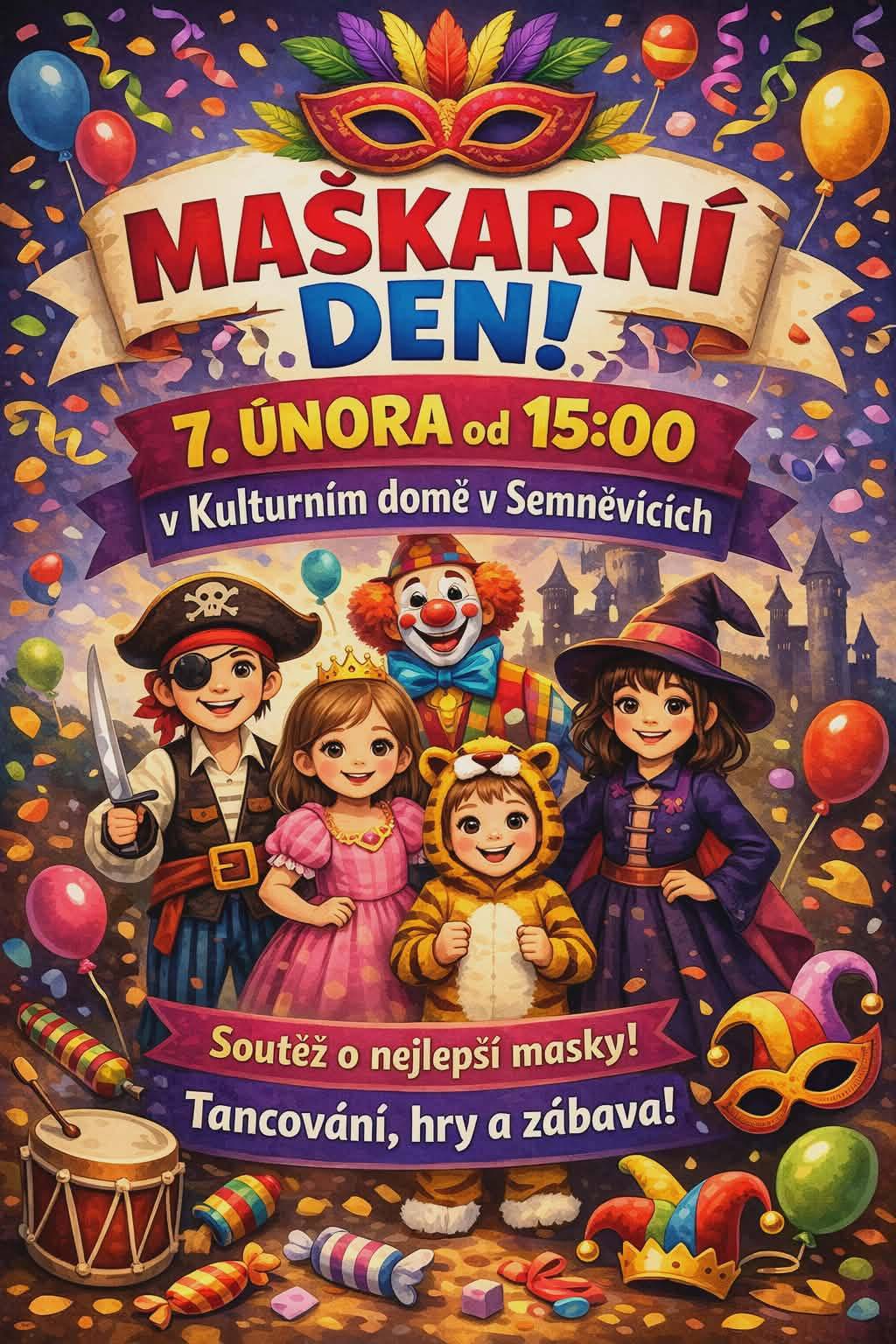 Obecní úřad v Semněvicích zve srdečně malé i větší děti s rodiči  na maškarní bál, který se uskuteční dne 7. 2. 2026 od 15:00 v malém sále kulturního domu v Semněvicích.