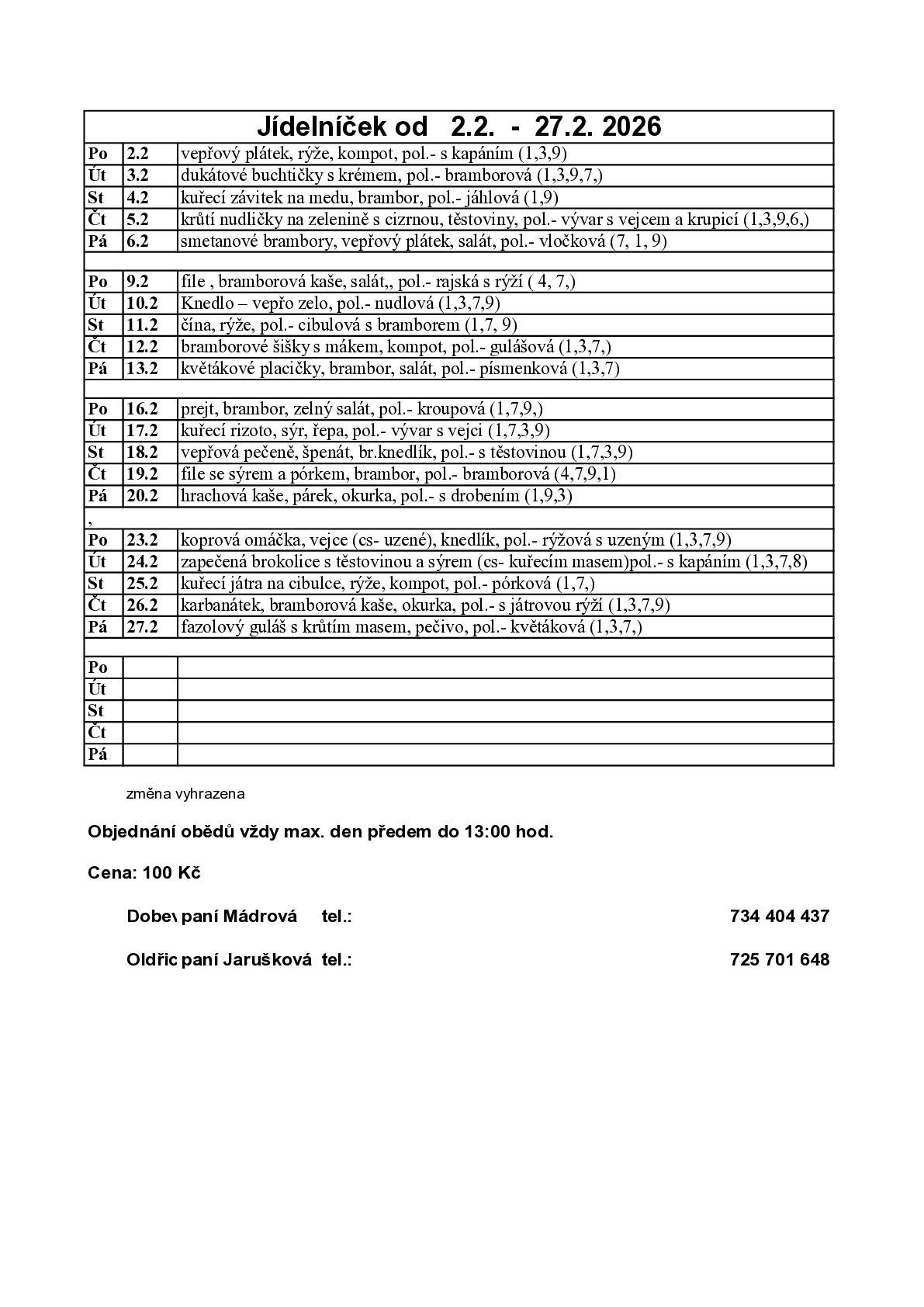 Jídelníček MŠ Dobev a Oldřichov - únor 2026