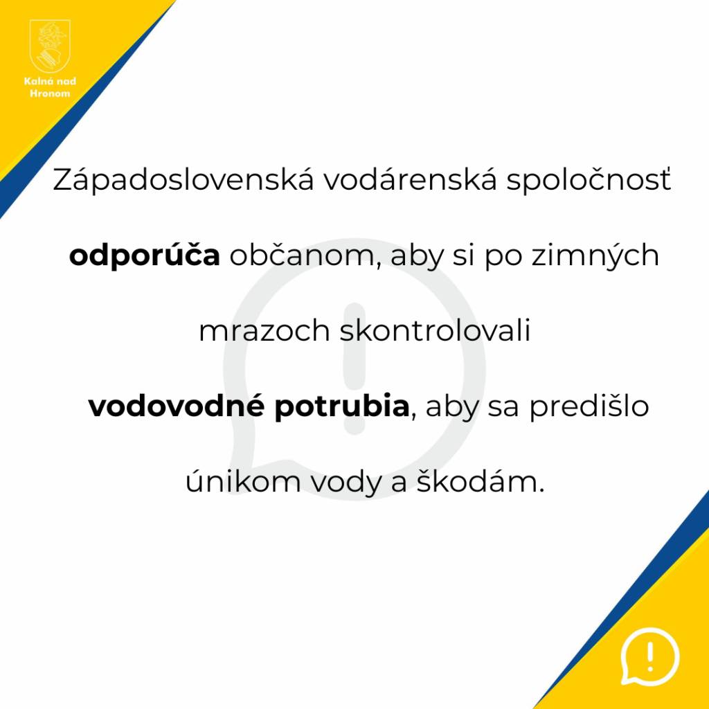 Západoslovenská vodárenská spoločnosť odporúča občanom, aby si po zimných mrazoch skontrolovali vodovodné potrubia, aby sa predišlo únikom vody a škodám.