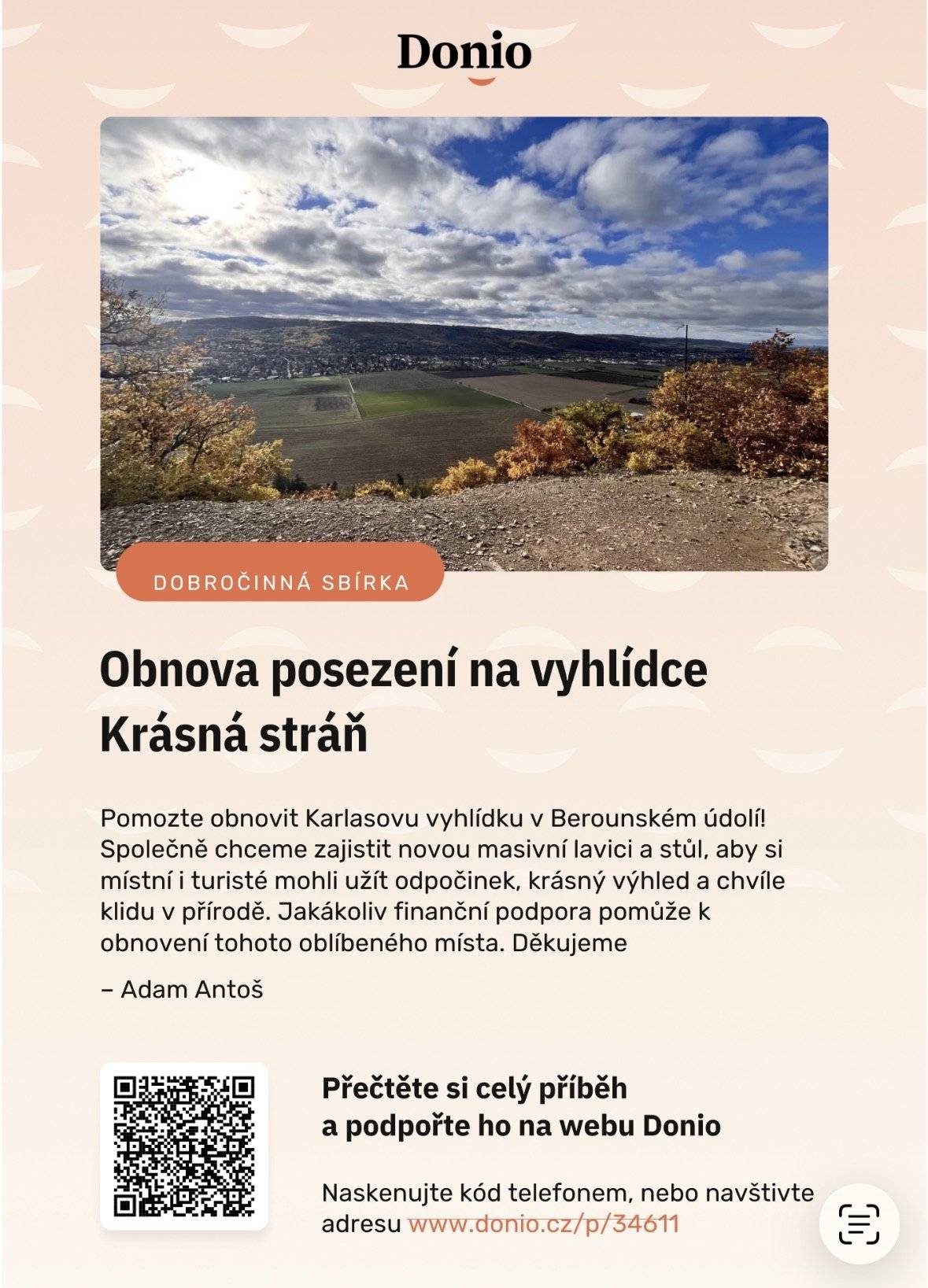 🌿 Pojďte s námi obnovit posezení na vyhlídce Krásná Stráň 🌿 Pomozte nám zvelebit místo, které dělá radost všem, místním i návštěvníkům. Každá koruna se počítá a i malý příspěvek pomůže vrátit Krásné Stráni důstojné posezení a krásnou atmosféru. Společně pečujme o náš kraj, stojí to za to 💚
