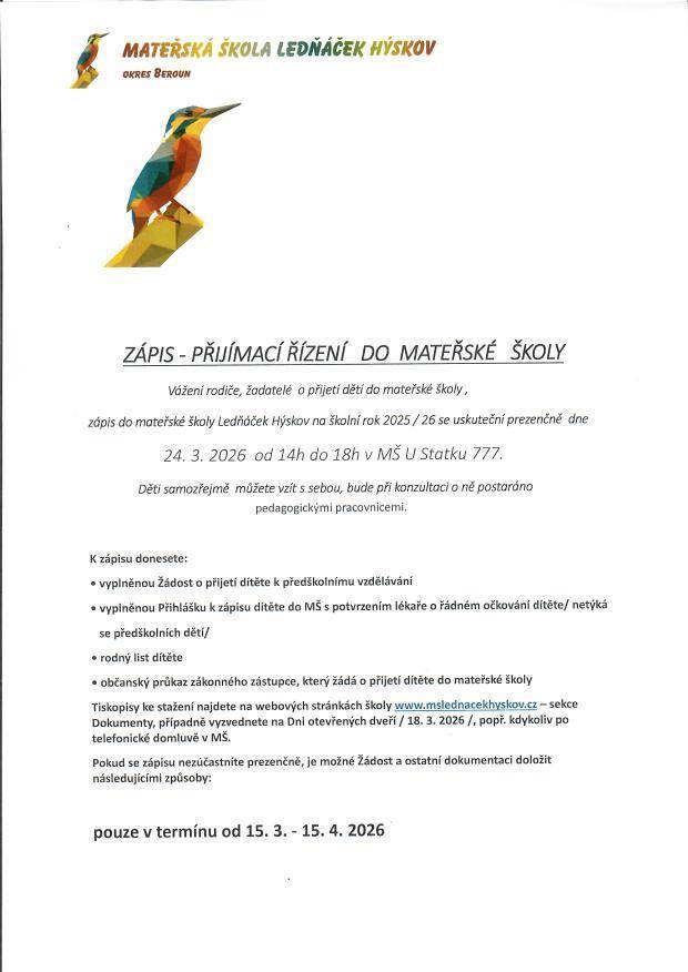 Zápis do mateřské školy Ledňáček Hýskov