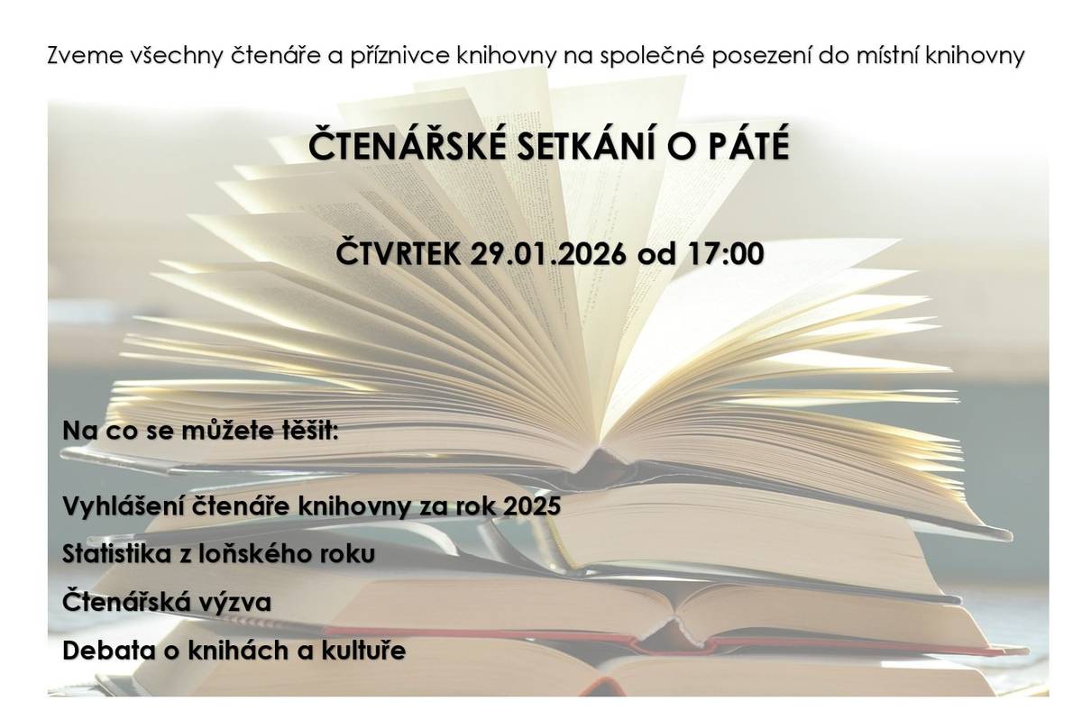 Zveme všechny čtenáře i příznivce knihovny na čtenářské setkání o páté do místní knihovny, které se uskuteční zítra od 17 hodin. Pobočka České pošty Křtiny bude zítra 29. ledna uzavřena z provozních důvodů. Filmový klub Bukovinka vás zve na promítání filmu KARAOKE BLUES v pátek 30. ledna v 19.00 hodin.