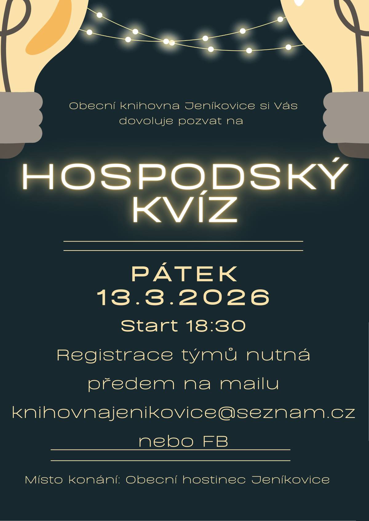 Obecní knihovna Jeníkovice si Vás dovoluje pozvat na hospodský kvíz v pátek 13.3.2026 od 18:30 hodin v místním hostinci.  Registrace týmů je nutná předem na e-mailu knihovnajenikovice@seznam.cz, nebo na FB