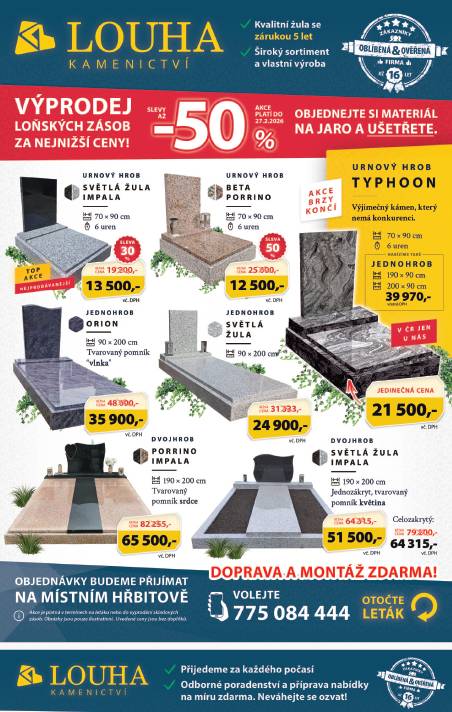 V pondělí 02.02. a 16.02.2026 v čase 10:30 - 10:50 bude na hřbitově v Křinci obchodní zástupce kamenictví Louha přijímat objednávky na veškeré kamenické práce, rovnání, čištění a renovace pomníků.