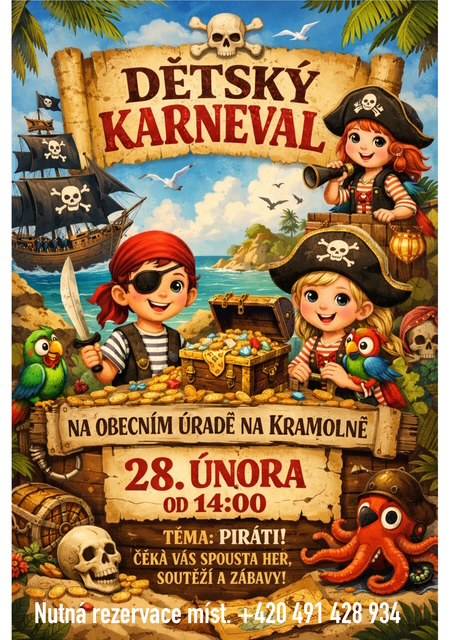 Srdečně Vás zveme na dětský karneval na sále OÚ Kramolna dne 28. února od 14:00 hod.