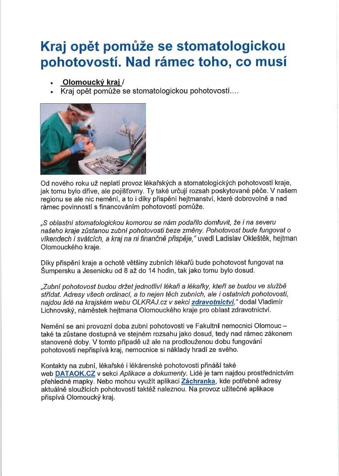Kraj opět pomůže se stomatologickou pohotovostí.  Nad rámec toho co musí...