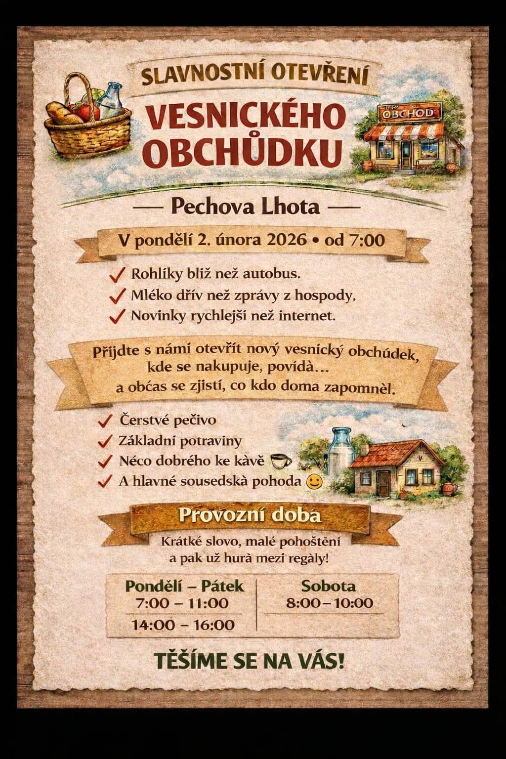 V pondělí 2.února 2026 bude opět otevřen obchod v Pechově Lhotě. Obchod bude provozovat paní Michaela Matušková. Otevírací doba v PO-PÁ 7,00-11,00 hodin, odpoledne 14,00 - 16,00 hodin. V sobotu 8,00- 10,00 hodin.
