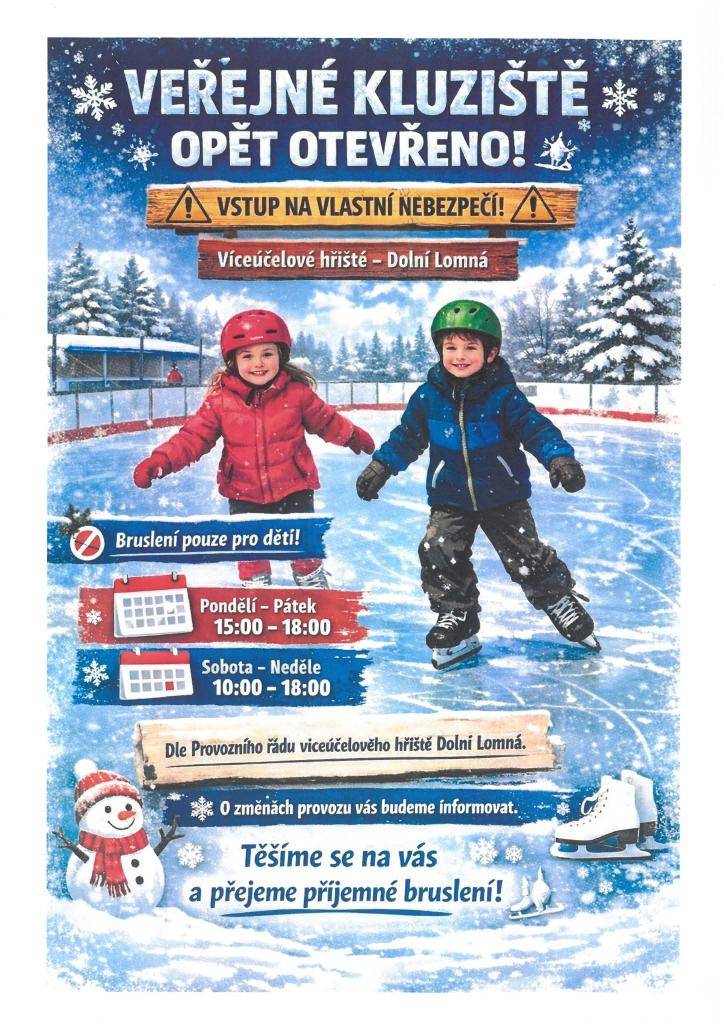 ⛸️ Dobrá zpráva!  Zítra (v sobotu) znovu otevíráme kluziště ❄️  Zatím je otevřené pouze pro děti.  O dalším provozu vás budeme brzy informovat.    Tak ať si to malí bruslaři užijí!