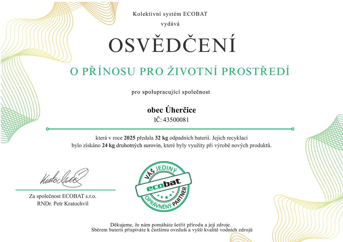 Obec Úherčice děkuje všem občanům, kteří se zapojují do třídění použitých baterií. I drobnost, jako je správné odevzdání baterií, má velký význam pro ochranu přírody a zdravého prostředí. Děkujeme, že odpad třídíte.