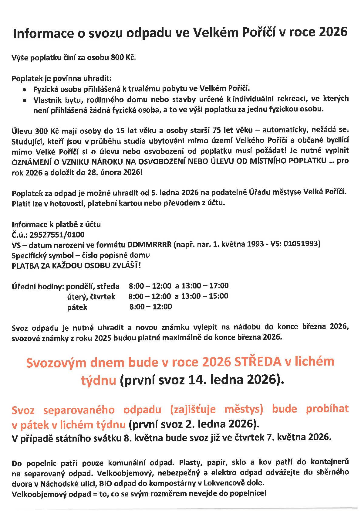 Informace o svozu a platbě odpadu na rok 2026