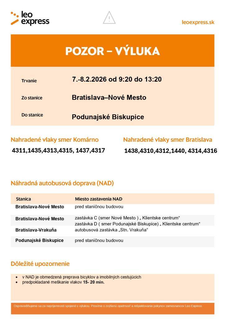 Bratislava - Nové Mesto / Podunajské Biskupice  07. - 08.02.2026 od 9:20 do 13:20