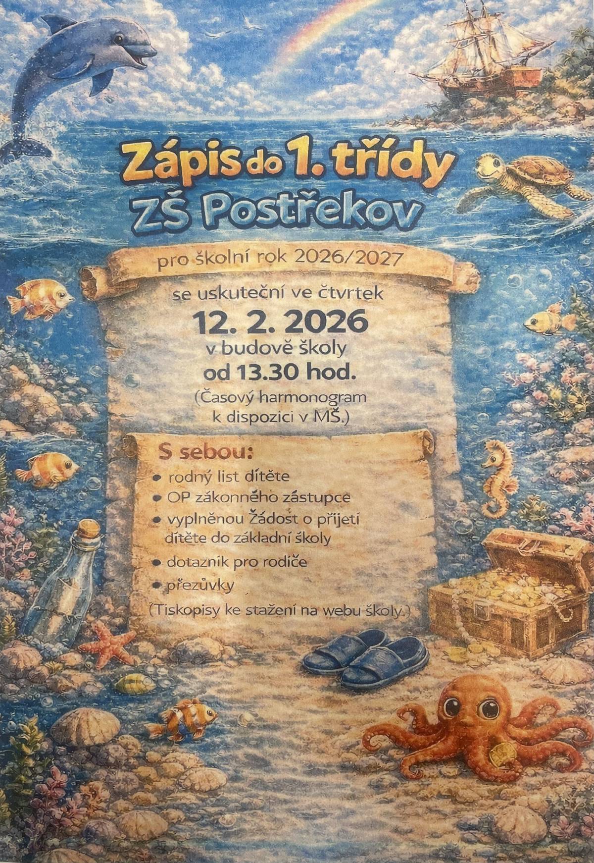 Zdravím vás. Ve čtvrtek, 12.2.2026 ve 13.30 hod., se koná zápis do 1.třídy ZŠ Postřekov. Pavel K.