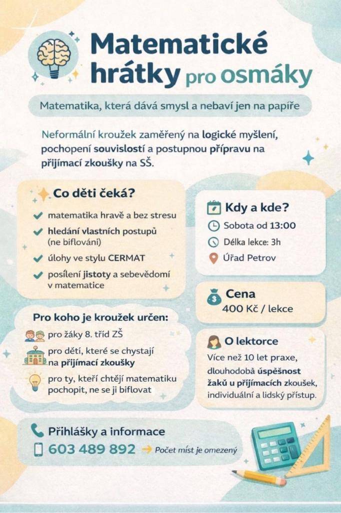 Přihlásit se můžete na čísle +420 603 489 892.  Počet míst je omezený.   Kroužek se bude konat v obecní knihovně Petrov.  Více informací najdete v přiloženém letáku.