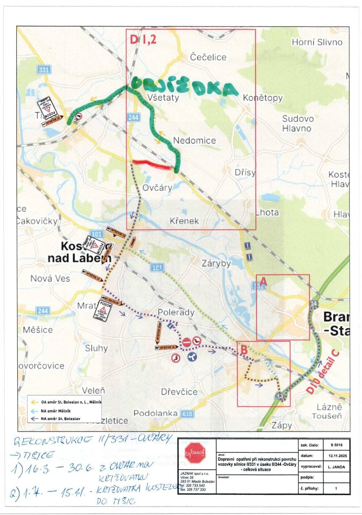 Milí sousedé, připravuje se rekonstrukce hlavní silnice II/331 v úseku z Obce Ovčáry do Tišic. Oprava bude mít 2 fáze. První z obce Ovčáry po kosteleckou křižovatku. Doba trvání 16.3.-30.6.26. Objízdná trasa pro osobní automobily je vedena přes naší obec, Všetaty a podle dráhy do Chrástu. Objízdná trasa pro nákladní automobily bude vedena ze St.Boleslavi/Brandýsa n.L. do Kostelce n/L na kosteleckou křižovatku a dále Tišice, Mělník. U všech vjezdů do Nedomic bude zákazová značka nad 12 tun. Druhá fáze rekonstrukce začne 1.7. až 15.11.26, povede od kostelecké křižovatky do Tišic. Objízdné trasy budou téměř stejné. Upozorňujeme na zvýšenou dopravu v tomto období, bohužel nemůžeme vyloučit ani četnější průjezd neukázněných kamionů.