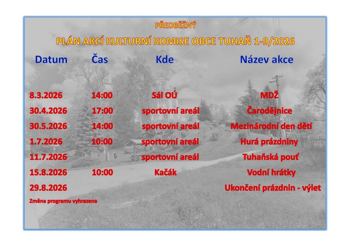 Předběžný plán akcí kulturní komise 1-9/2026