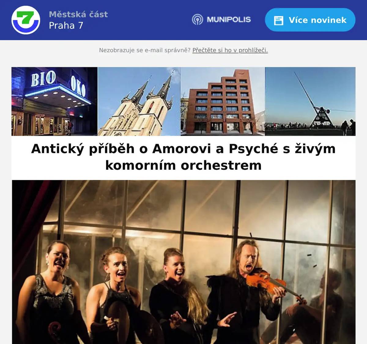 Společně s divadelním souborem Geisslers Hofcomoedianten vás zveme na představení Krása střídá nádheru. Soubor z ostrovní scény na Štvanici si pro seniory z Praha 7 připravil zvýhodněné vstupenky na představení. Kdy? úterý 3. února ve 20.00 hodin  Kde? Divadlo VILA Štvanice (ostrov Štvanice 858)Cena zvýhodněné vstupenky je 150 korun a lze ji rezervovat na e-mailu pr@geisslers.cz. Do vaší zprávy prosím uveďte, že se jedná o nabídku pro seniory Prahy 7. Platba vstupenek bude probíhat na pokladně divadla před začátkem představení.Krása střídá nádheruZrcadlo, zrcadlo, řekni, kdo je v naší zemi nejkrásnější mezi všemi? Krása, která svedla samotného Amora. Krása, která ženy uráží a muže dohání k šílenství. Adaptace nesmrtelného příběhu o Amorovi a Psyché vás zavede do světa bohů a jejich výstředních her.Volně podle tragikomedie-baletu Psyché z roku 1671 sepsaná pro dvůr Ludvíka XIV. Jedna z posledních Molièrových her, její první překlad do češtiny i první uvedení v ČR. Od ledna 2022 se incenace koná s živým komorním orchestrem ve složení Jiřina Marešová - pozitiv, Marek Kubát - arciloutna, Jakub Michl - viola da gamba.Režie: Petr HašekDramaturgie: Helena KoblischkováScénografie: Ján Tereba, Jitka NejedláHrají: Alena Hladká, Martin Bohadlo, Michaela Váňová, Petr Šmíd, Tereza BortlováHudba: Tomáš HanzlíkChoreografie: Kamila MottlováPřeklad: Helena KoblischkováGeisslers Hofcomoedianten je nezávislý divadelní soubor, který ve své tvorbě propojuje staré tradice s živým, současným divadlem. K barokní inspiraci přistupuje s autorskou svobodou, mísí původní s novým, vzletné s přízemním, činohru, zpěvohru, loutkohru i tanec.