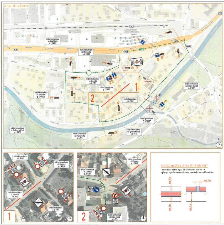 👉 5. ETAPA: Obnovené práce probíhají na ulici Chodská, v úseku od křížení s ulicí Průkopnická po křížení s komunikacemi p.č. 985/1 a p.č. 988/1 (včetně).  👉 Současně budou probíhat práce na přepojování jednotlivých nemovitostí ze starého vodovodního řádu na nový vodovodní řád na ulici Revoluční. Vlastníci jednotlivých nemovitostí budou o přepojování informováni jednotlivě.  👉 Práce jsou závislé na klimatických podmínkách a jejich ukončení se předpokládá během druhé poloviny února 2026. ☝ Tyto práce si vyžádají ÚPLNOU UZAVÍRKU. Pracovní místo bude z důvodu bezpečnosti chodců oploceno. Pro chodce bude průchozí šířka podél pracovního místa min. 1 metr. Přístup ke všem objektům v řešeném úseku bude zajištěn formou zpevněných ploch o šířce min. 1 metr. 👉Objízdná trasa bude vedena po přilehlých místních komunikacích: ul. Tyršovo nábřeží, ul. Průkopnická, ul. Revoluční, ul. Meziříčská a silnici I/35 a III/4867. Více informací na www.roznov.cz/dopravni-omezeni