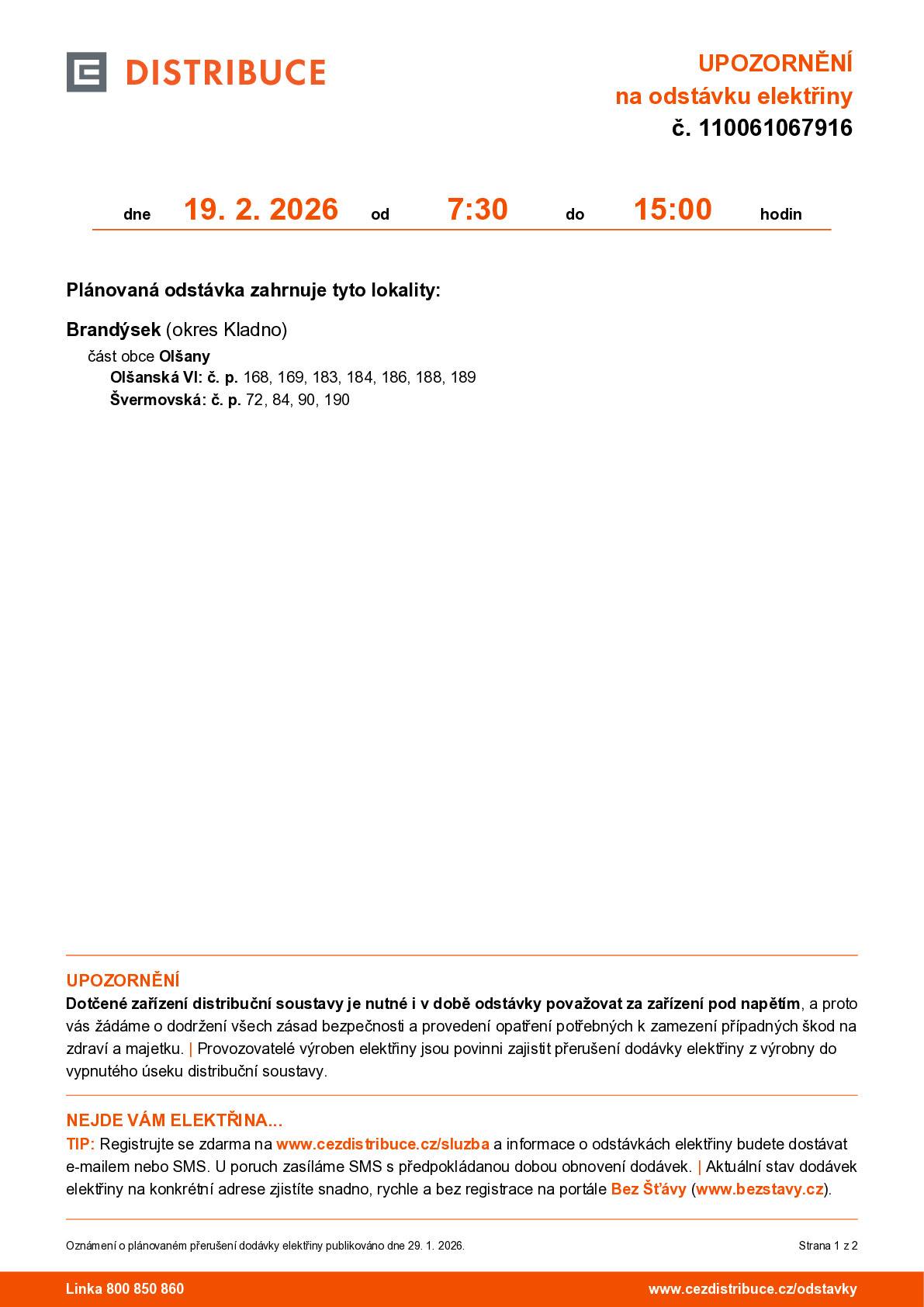 Oznámení o přerušení dodávky elektrické energie