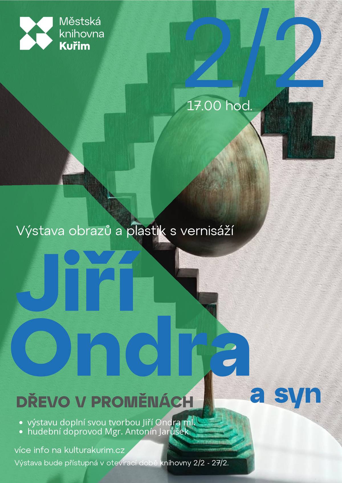 Přijďte strávit příjemný podvečer do kuřimské knihovny.  Zveme vás na vernisáž k výstavě obrazů a plastik pana Jiřího Ondry  s názvem Dřevo v proměnách, která se bude konat v interaktivní místnosti knihovny v pondělí 2. února od 17h.  Výstava bude ke zhlédnutí od 2. - 27. 2. v otevírací době knihovny.  Vaše knihovna